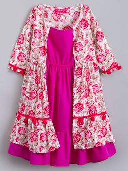 Hopscotch - Girls Pink Floral Print Casual Dress with Jacket