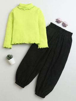 Hopscotch - Girls Black and Green Ribbed T-shirt and Jogger Set