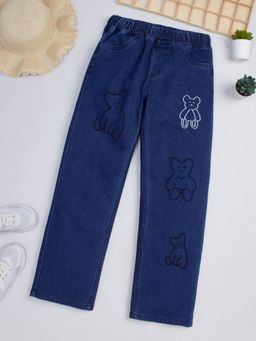 Hopscotch - Girls Blue Teddy Embroidered Denim Cotton Jeans