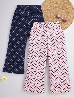 Hopscotch - Girls Navy and Pink Polka Dot & Zig Zag Print Cotton Pant - Pack of 2