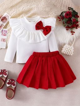 Hopscotch - 2-Piece Bow Applique Blouse and Skirt