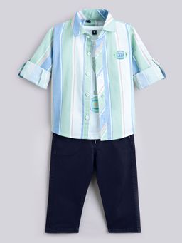 Hopscotch - Green 3-Piece Striped Shirt, T-shirt and Jeans