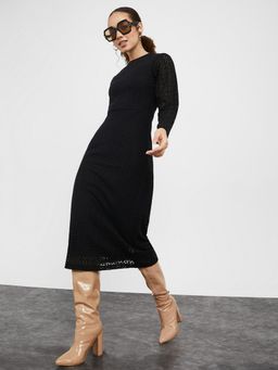 Styli - Black Long Sleeves Embroidered Insert Lined Midi Dress