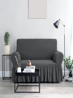 Cortina - Elastic Stretchable Universal Sofa Cover With Skirt 3 Seater - Dark Grey