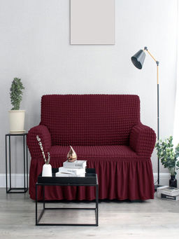 Cortina - Elastic Stretchable Universal Sofa Cover With Skirt 2 Seater - Maroon