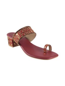Metro - Womens Maroon Medium HeelsMetro Maroon Beaded Embroidered Women Heels