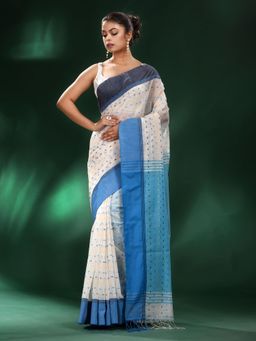 CHARUKRITI - Off White Handspun Cotton Handwoven Saree with Unstitched Blouse