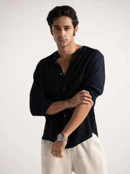 Cove and Lane - Men Navy Blue Solid/Plain Viscose Blend Shirt