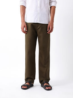 The Bear House - Men Olive Solid/Plain Cotton Trousers