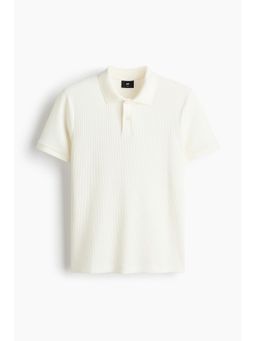 H&M - Men White Slim Fit Waffle-Knit Polo Shirt