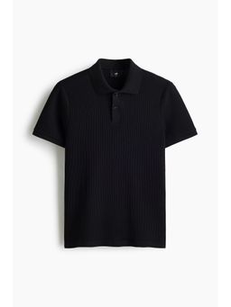 H&M - Men Black Slim Fit Waffle-Knit Polo Shirt