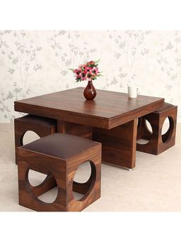 Ikiriya - Nordic Coffee Table with 4 Stools Set Honey Oak Finish & Brown Leatherite fabric (1 Year Warranty)