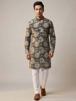 ETHNIC INDIA - Men Blue and Beige Abstract Printed Straight Kurta