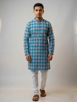 ETHNIC INDIA - Blue Cotton Checked Straight Kurta