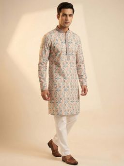 ETHNIC INDIA - Off White and Red Ethnic Printed Straight Kurta