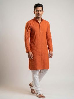 ETHNIC INDIA - Orange Self-Striped Regular Straight Kurta