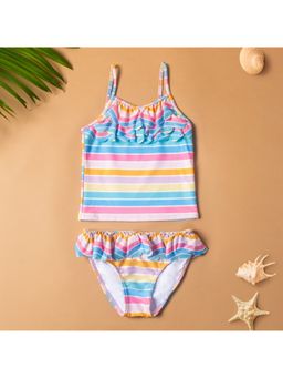Baby Moo - Rainbow Striped Beach Swimsuit Pool Swimming Costume - Pink (Set of 2)