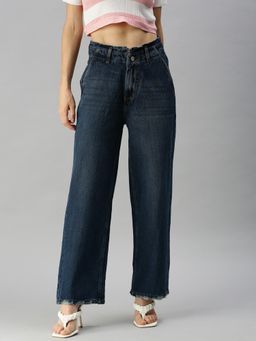 SHOWOFFFF - Women Low Distress Blue Wide Leg Denim Jeans