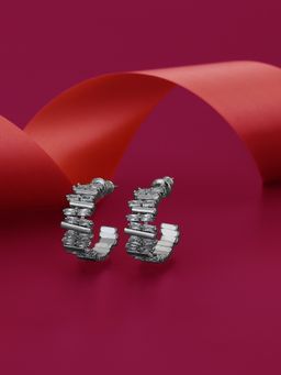 Carlton London - Premium Silver Toned C Z Studded Rhodium-Plated Half Hoop Earrings