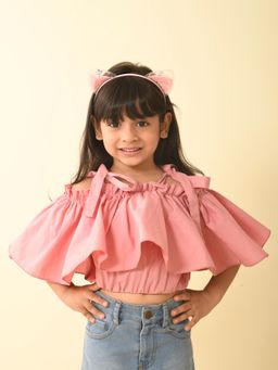 Lilpicks - Solid Off Shoulder Frilled Crop Top -Pink