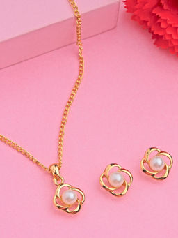 Estele - Gold Plated Blossom Designer Necklace with Pearl for Women (Set of 2)
