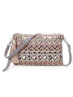 Anekaant - Tribal Champagne and Multi Acrylic Cotton Canvas Striped Embellished Sling Bag