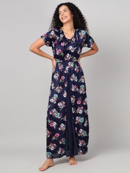 Clovia - Satin Floral Printed Long Nightdress (Navy Blue)