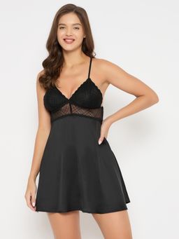 Clovia - Satin Padded Babydoll (Black)