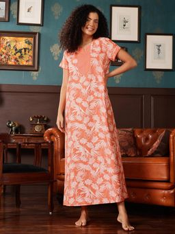 Clovia - Cotton Printed Long Nightdress (Orange)