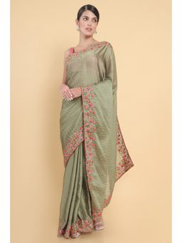 Soch - Women Olive Georgette Embroidered Saree with Unstitched Blouse