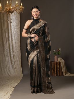 Akhilam - Womens Cotton Silk Black Woven Design Designer Saree with Unstitched Blouse