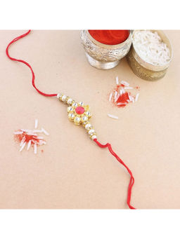 I Jewels - Red Designer Kundan Pearl Bhaiya Rakhi with Roli Chawal
