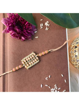 I Jewels - Peach Designer Kundan & Pearl Bhaiya Rakhi with Roli Chawal