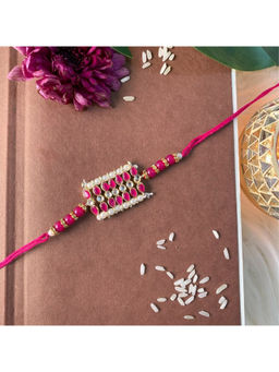 I Jewels - Pink Designer Kundan & Pearl Bhaiya Rakhi with Roli Chawal