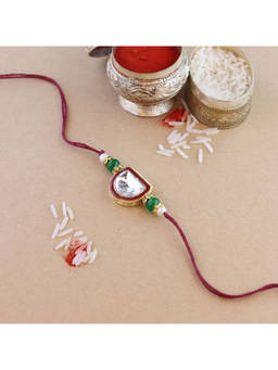 I Jewels - Maroon Pearl & Kundan Designer Bhaiya Rakhi with Roli Chawal