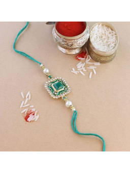 I Jewels - Green Pearl & Minakari Designer Bhaiya Rakhi with Roli Chawal