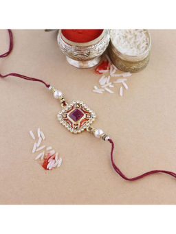 I Jewels - Maroon Pearl & Minakari Designer Bhaiya Rakhi with Roli Chawal