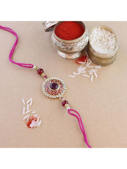 I Jewels - Maroon Pearl & Minakari Designer Bhaiya Rakhi with Roli Chawal