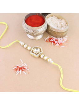 I Jewels - White Pearl & Kundan Designer Bhaiya Rakhi with Roli Chawal
