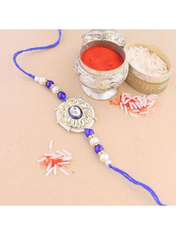 I Jewels - Blue Pearl & Kundan Designer Bhaiya Rakhi with Roli Chawal