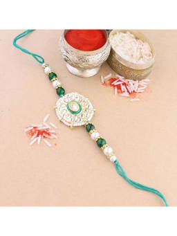 I Jewels - Green Pearl & Kundan Designer Bhaiya Rakhi with Roli Chawal