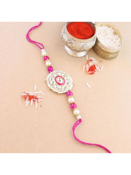 I Jewels - Pink Pearl & Kundan Designer Bhaiya Rakhi with Roli Chawal