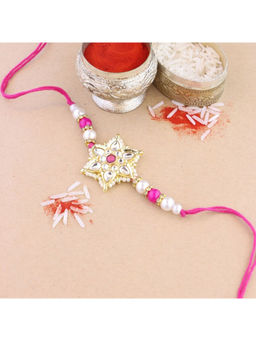 I Jewels - Pink Pearl & Kundan Designer Bhaiya Rakhi with Roli Chawal