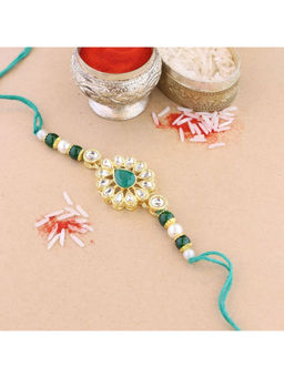 I Jewels - Green Handcrafted Pearl & Kundan Bhaiya Rakhi with Roli Chawal