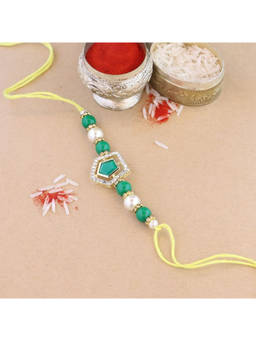 I Jewels - Green Designer Kundan & Pearl Bhaiya Rakhi with Roli Chawal