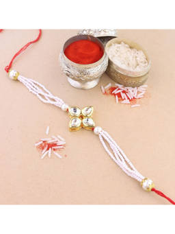 I Jewels - White Handcrafted Pearl & Kundan Bhaiya Rakhi with Roli Chawal