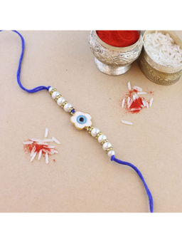I Jewels - Blue Enamel Floral Shape Evil Eye Bhaiya Rakhi with Roli Chawal