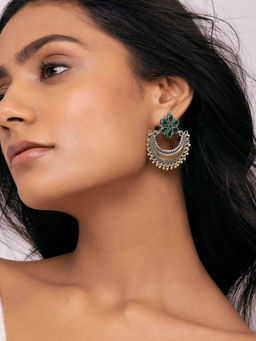 Indya - Earthen BY INDYA Dual Tone Green Floral Motif Studded Crescent Earrings