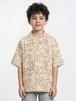 R&B - Boys Beige Tropical Leaf Print Resort Collar Shirt