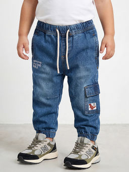 R&B - Boys Blue Wash Dinosaur Print Cargo Denim Jogger With Drawstring Waist